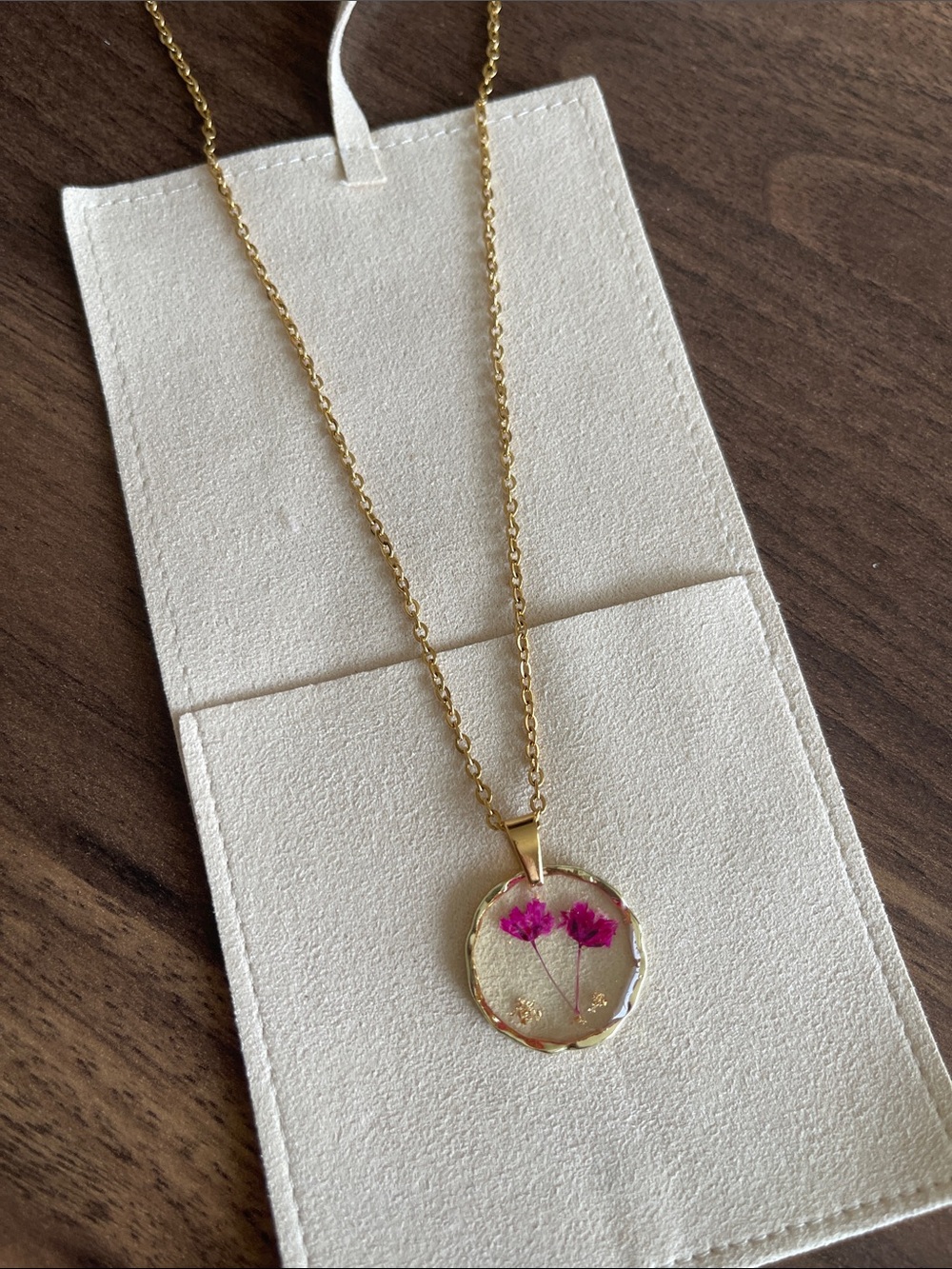 Gold Floral Resin Pendant Necklace with Pink Flowers